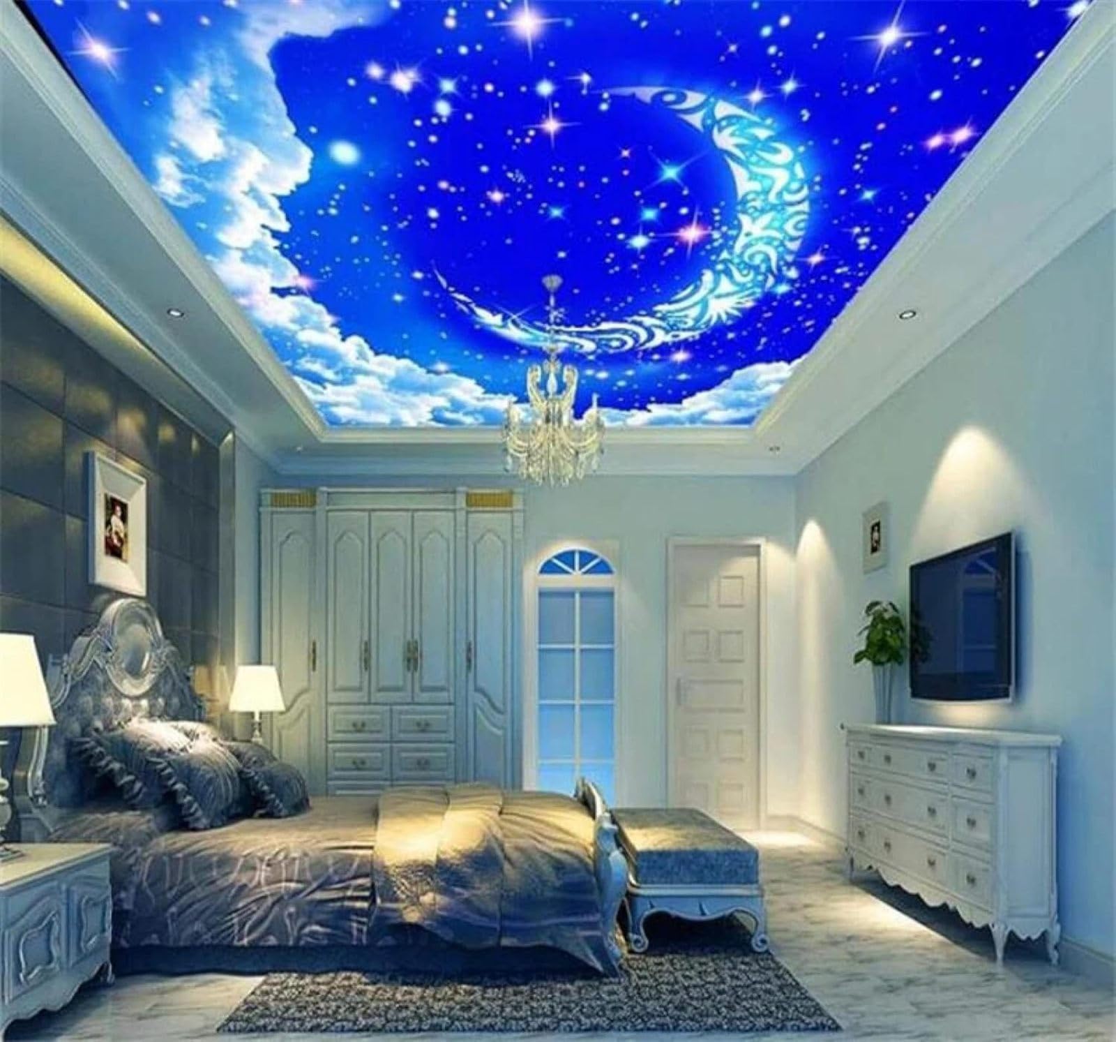 XLMING Cartoon Dreamy Blue Starry Sky Moon 3D Wallpaper Premium Textured Silk Study Dining Living Room Bedroom Sofa TV Wall Easy Install-350cm×256cm