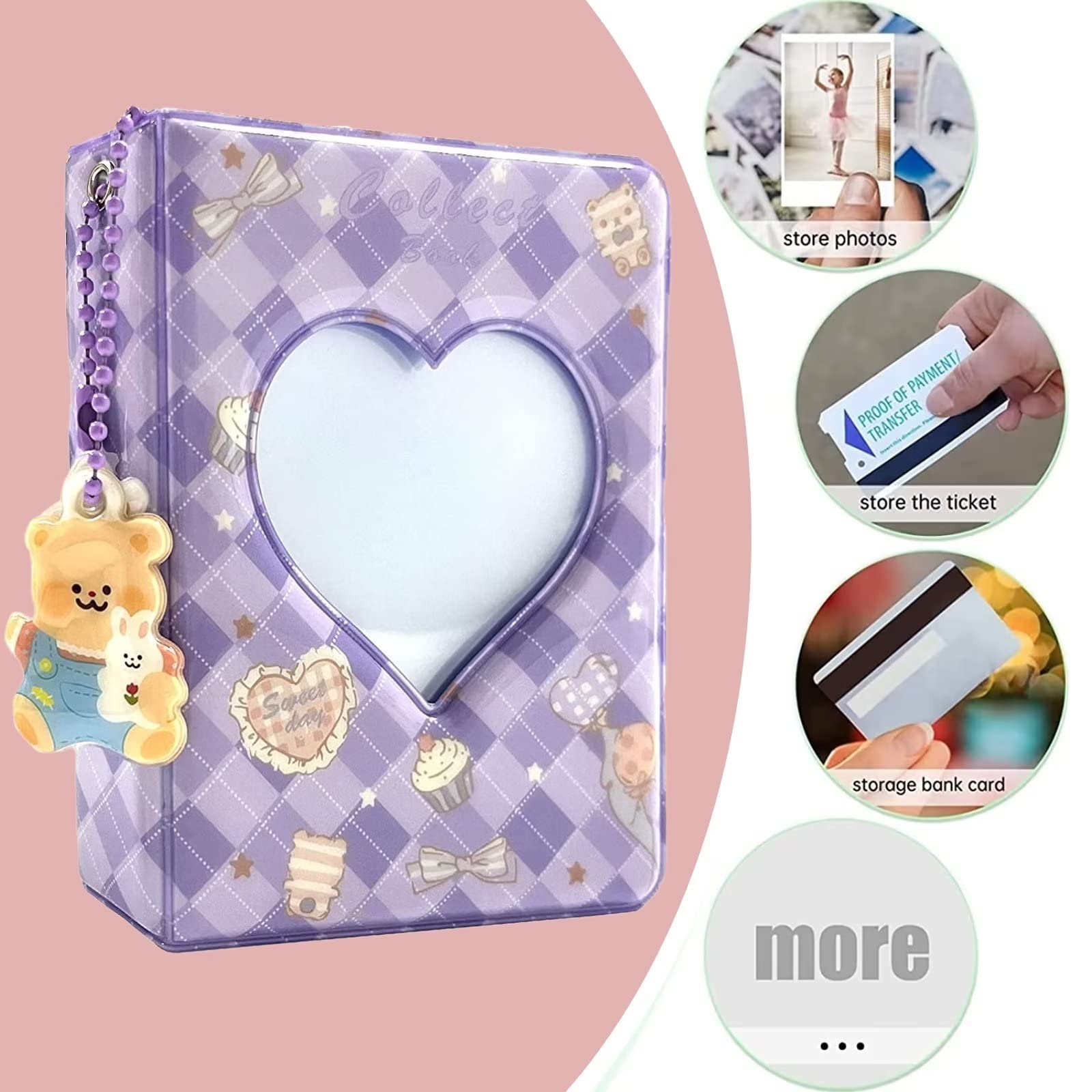 Album Photo Kpop 40 Pages - Porte-Photos 3 Pouces Avec Pendentif Cœur - Collection Cartes Photocard Violet