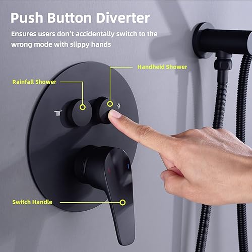 Miniatura 3 de TRUSTMI Sistema de ducha de 12 pulgadas con válvula equilibrada de presión de lujo, montado en el techo, redondo y cabezal de ducha de mano, negro