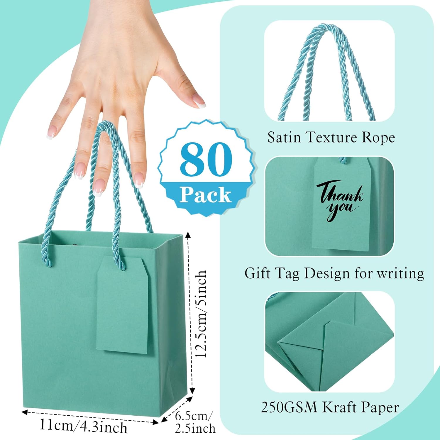 Zhanmai Teal Blue Mini Gift Bags with Handles Bulk 80 Pcs 4.3x2.5x5 Inches Small Thank You Paper Goodie Bags Bulk Valentines Day Birthday Wedding Holiday Party Favors - Image 2