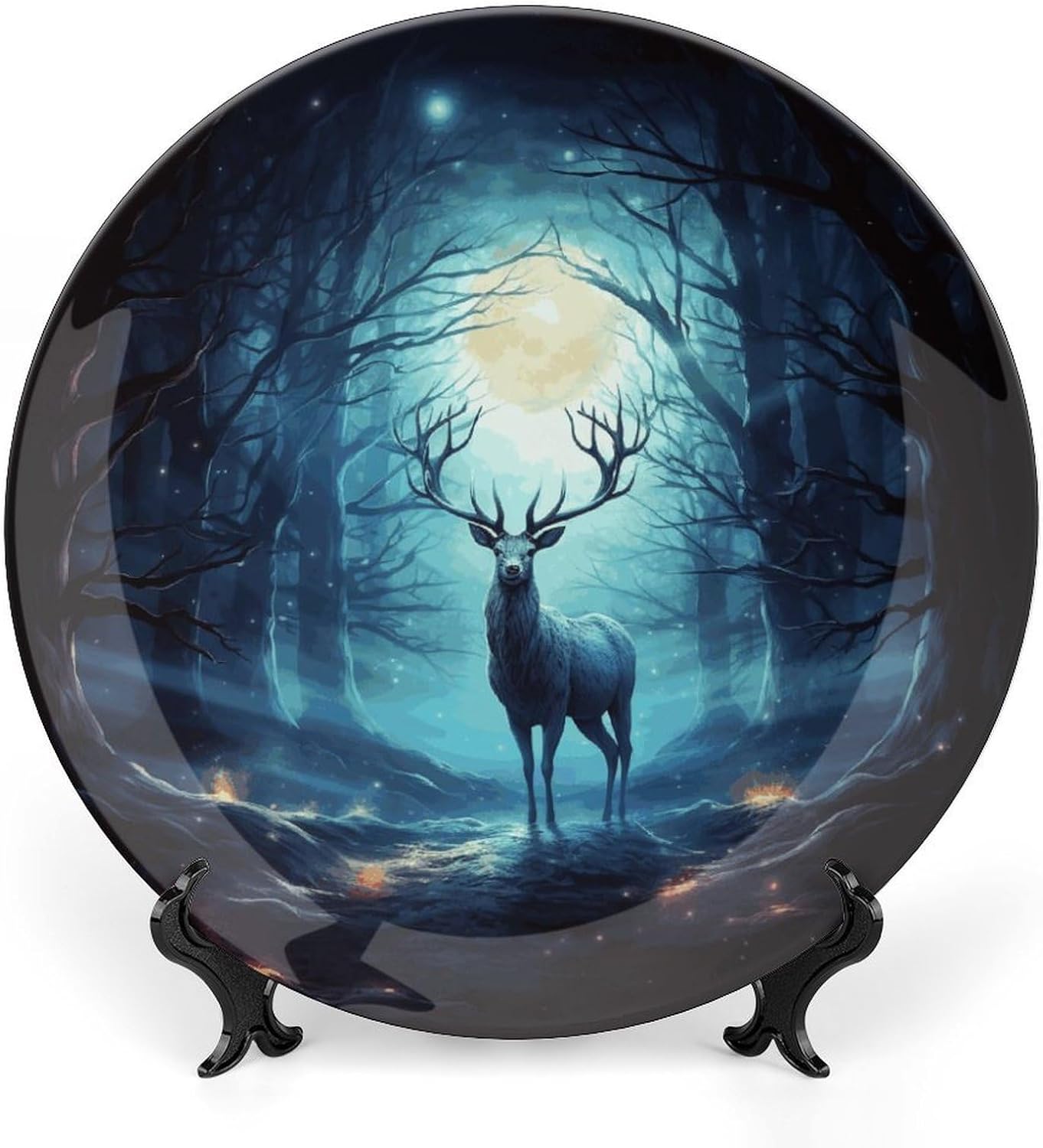Moonlight Deer Bone China Decorative Plate with Display Stand, Ceramic Ornaments Plate for Wall Hanging, Personalized Porcelain Plates for Office, Living Room 8inch