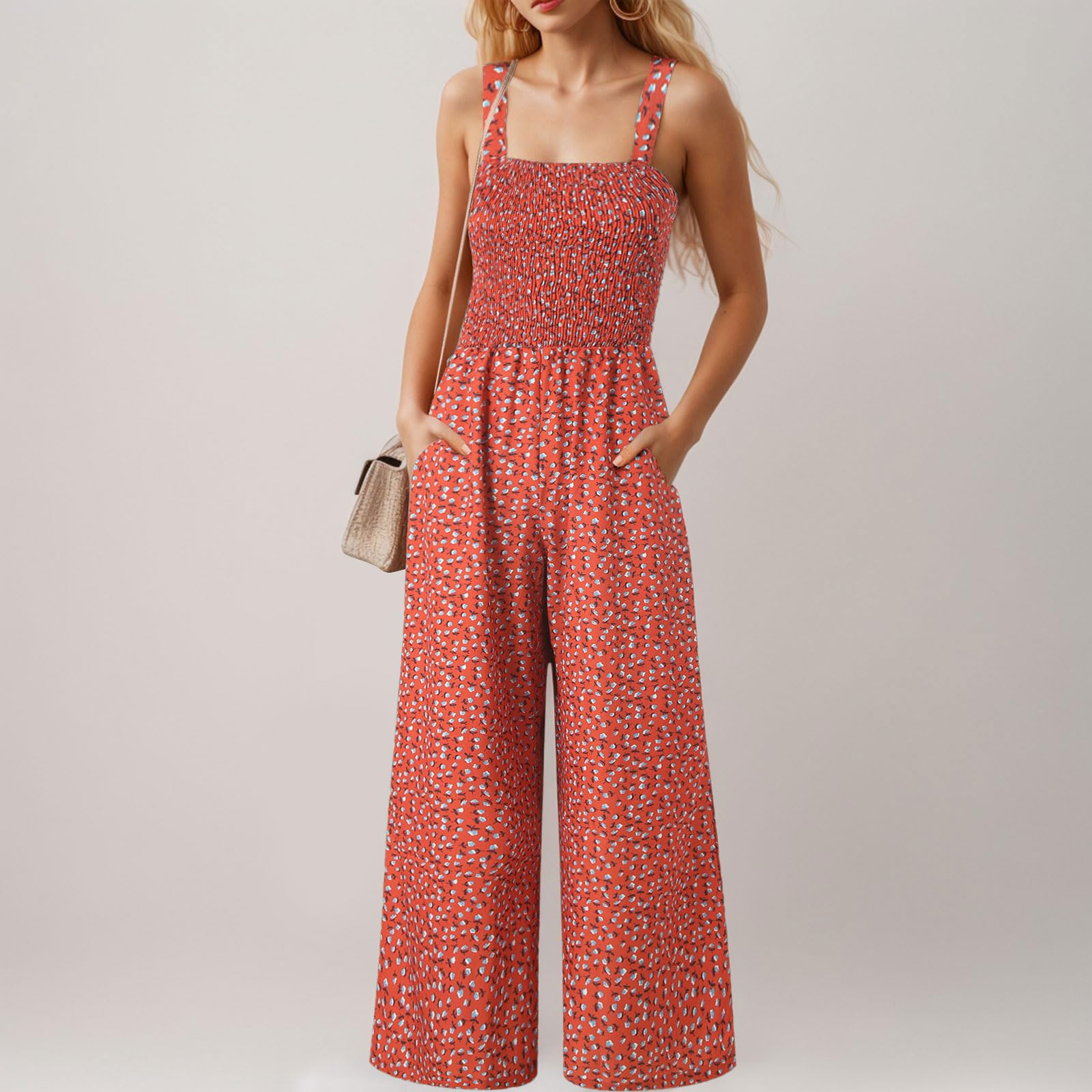 Mono Mujer Verano Elegante Monos de Vestir Estampado Floral Peto de Pierna Ancha Mono Mujer Casual Sin Mangas Pantalón Rompers Verano Tirantes Anchos Peto con Bolsillos Holgado Clásico Palazzo