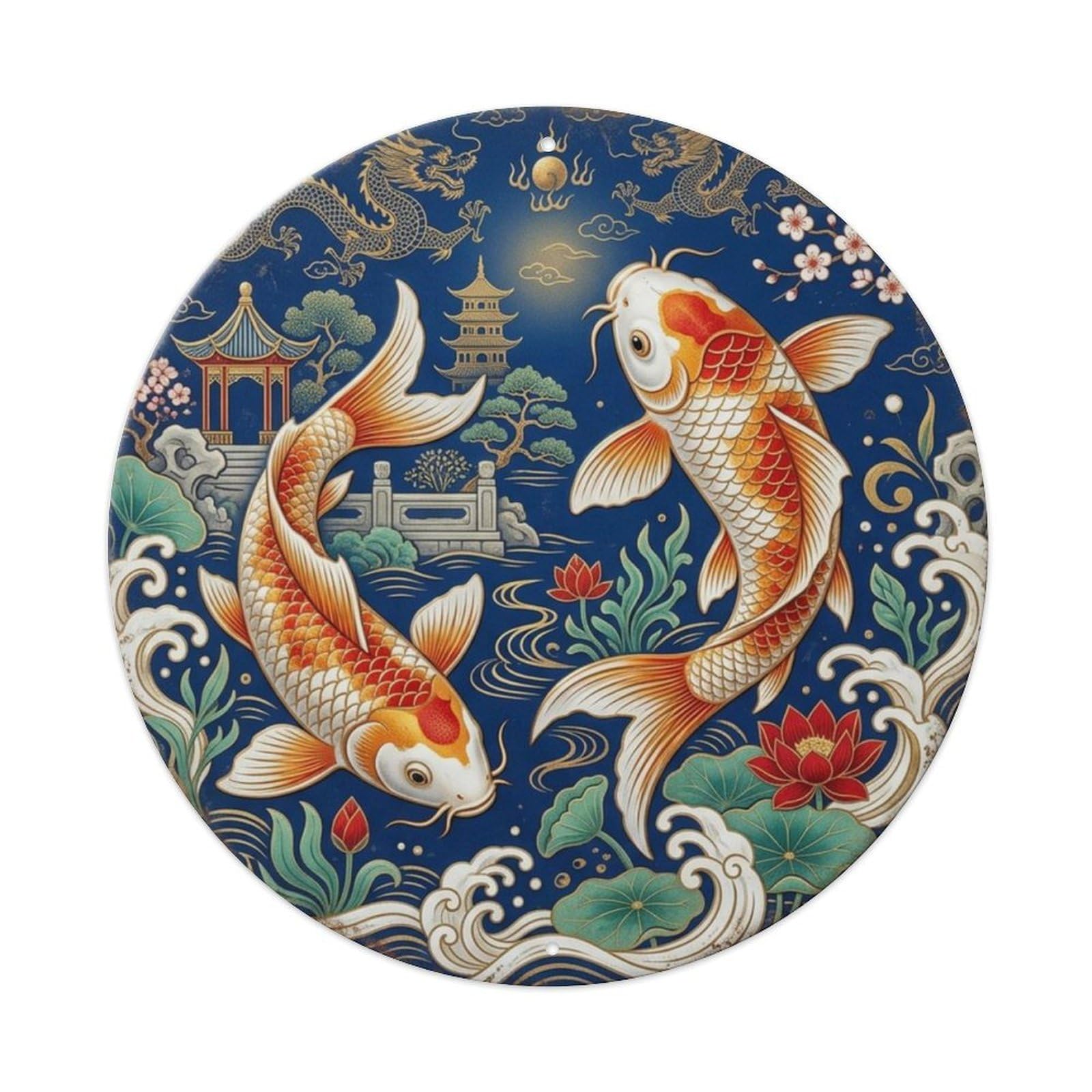 Fqcyn Style Koi Fish Cobalt Dynasty Garden Entryway Metal Tin Sign Plaque Wall Decor For Cafe, Club Bar, Office, Home Garden Round Metal Poster 8X8inch