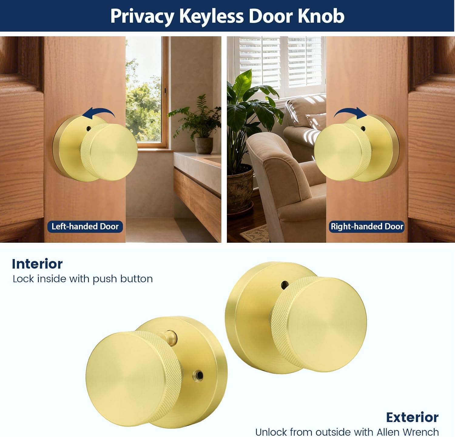 Orger Gold Privacy Door Knobs Interior, Zinc Alloy Keyless Brushed Gold Door Knobs with Lock for Bedroom and Bathroom, Knurled Heavy Duty Brushed Brass Round Base Modern Doorknobs, 3 Pack