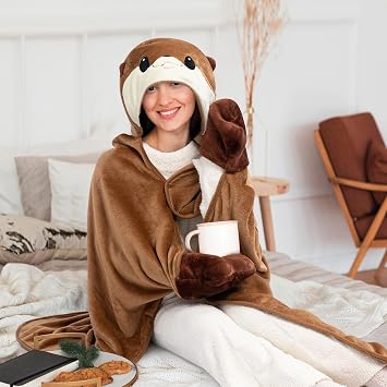 Mewaii Ultimate Softness Wearable Otter Blanket Hoodie Expertly Designed for American Body,Full Coverage with Easy Movement,Oversized Warm and Cozy Flannel Blanket, Otter Gift for Women and Men