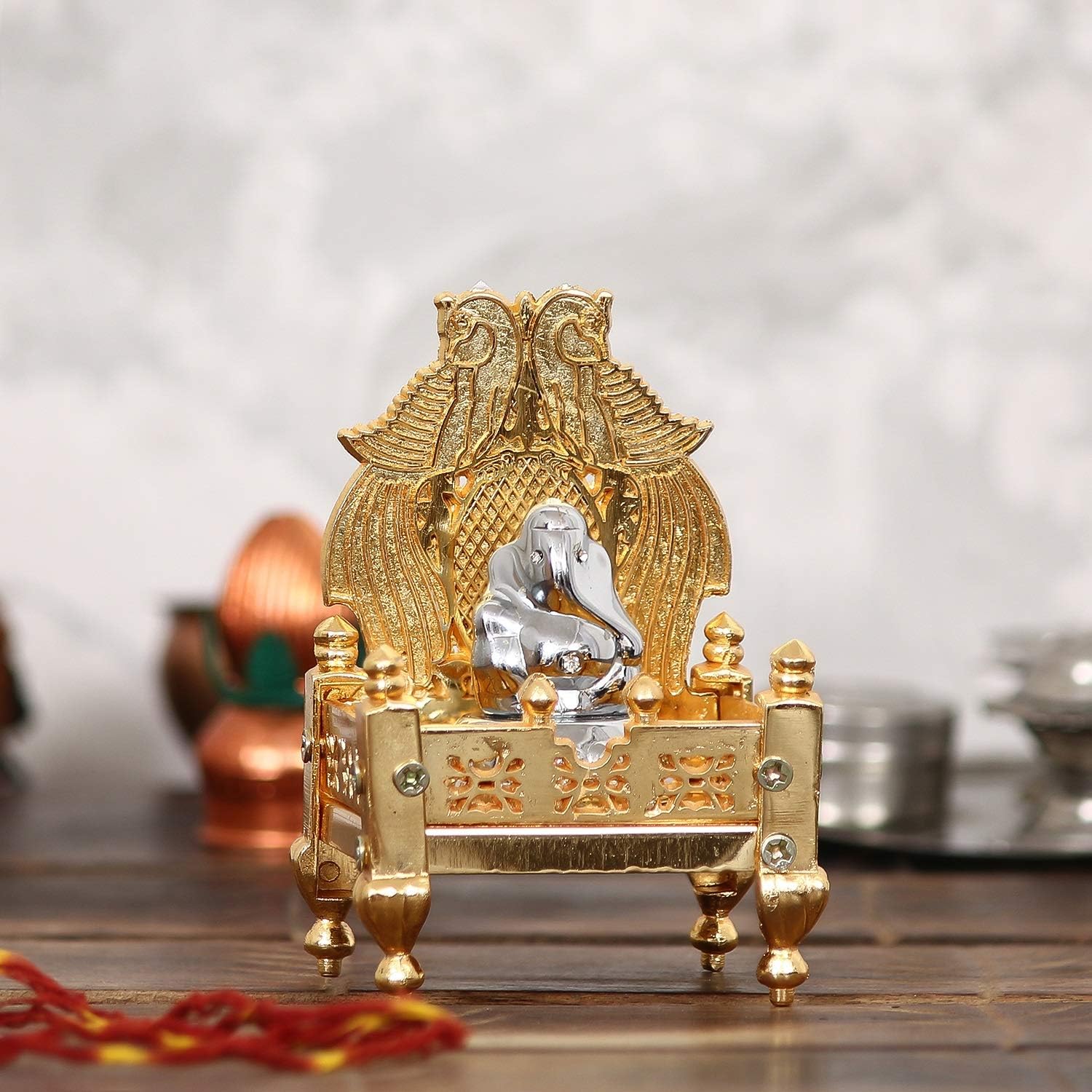 Webelkart Handcrafted Premium Gold Plated Metal Singhasan for Pooja, Religious Puja Gifts and Decor, Showpiece - (10 cm x 8 cm x 18 cm)