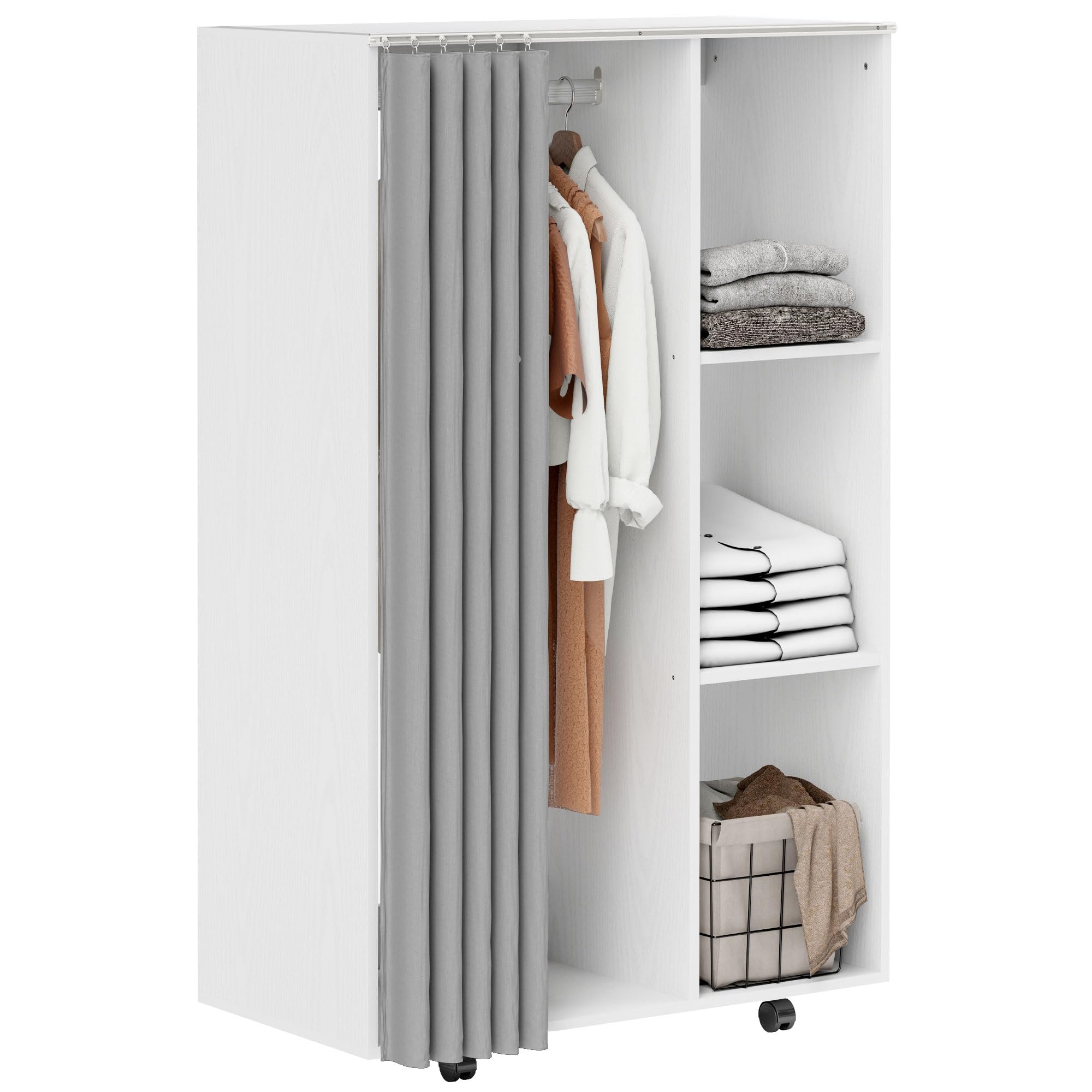 HOMCOM Armoire penderie Meuble de Rangement Mobile 4 roulettes avec Tringle à vêtements et étagères Ouvertes, penderie vêtement Dressing Roulant pour Chambre à Coucher, 80x40x128cm, Blanc