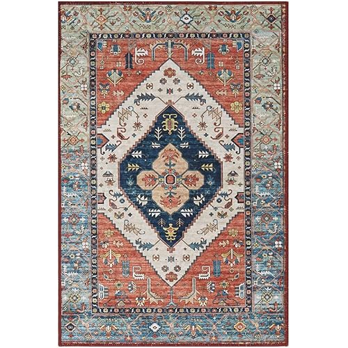 Lahome Collection Traditional Area Rug - Non-Slip Distressed Vintage Persian Oriental Area Rug Accent Throw Low Pile Rugs Floor Carpet for Door Mat Entryway Bedrooms Decor (3’ X 5’, Persian Formal)