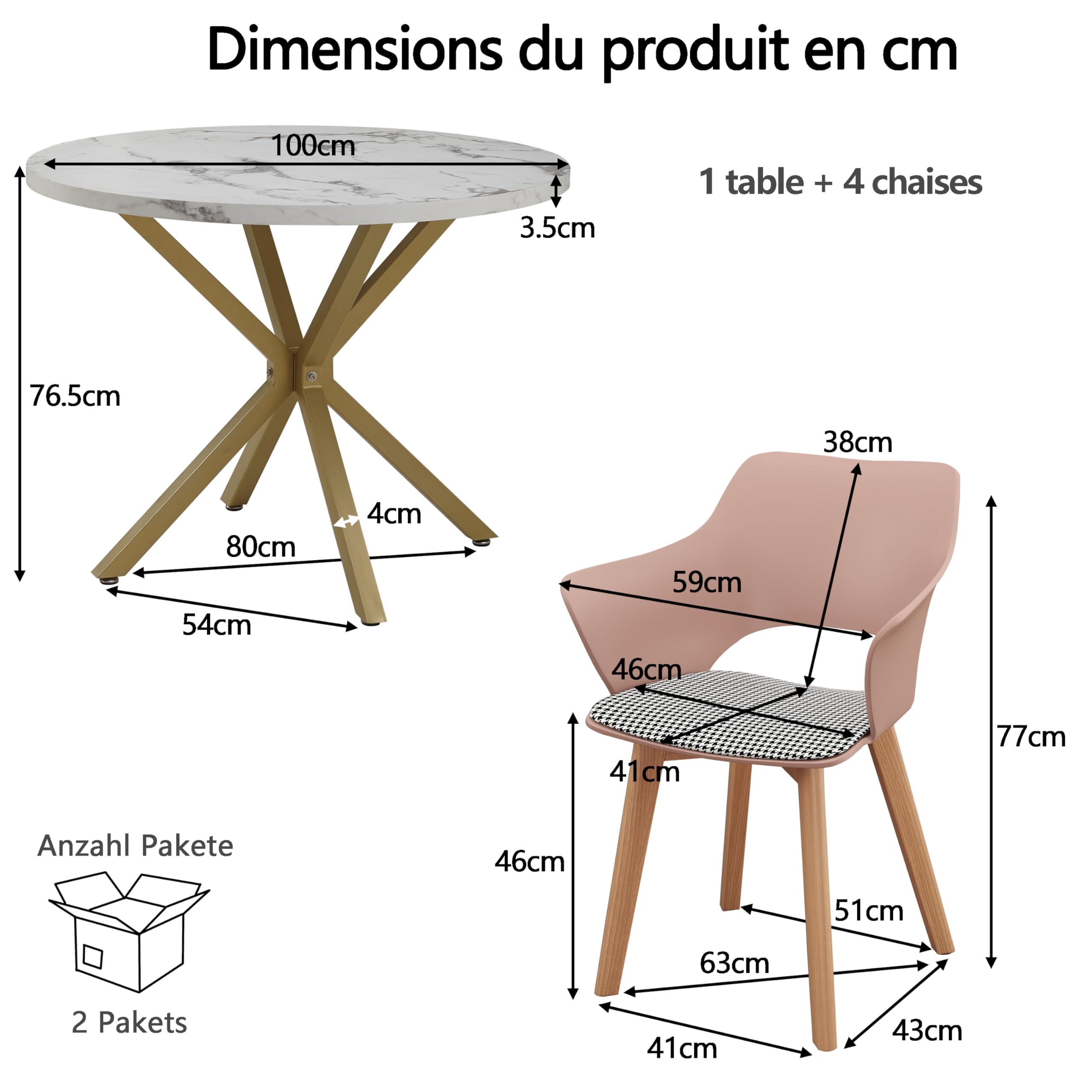 GrandCA HOME Set di Tavolo e Sedie da Pranzo, 100×100×76.5 CM Tavolo da Pranzo Rotondo, 4 Sedie da Cucina Imbottite, per Sala da Pranzo, Soggiorno, Cucina (Marmo-GD + Rosa)