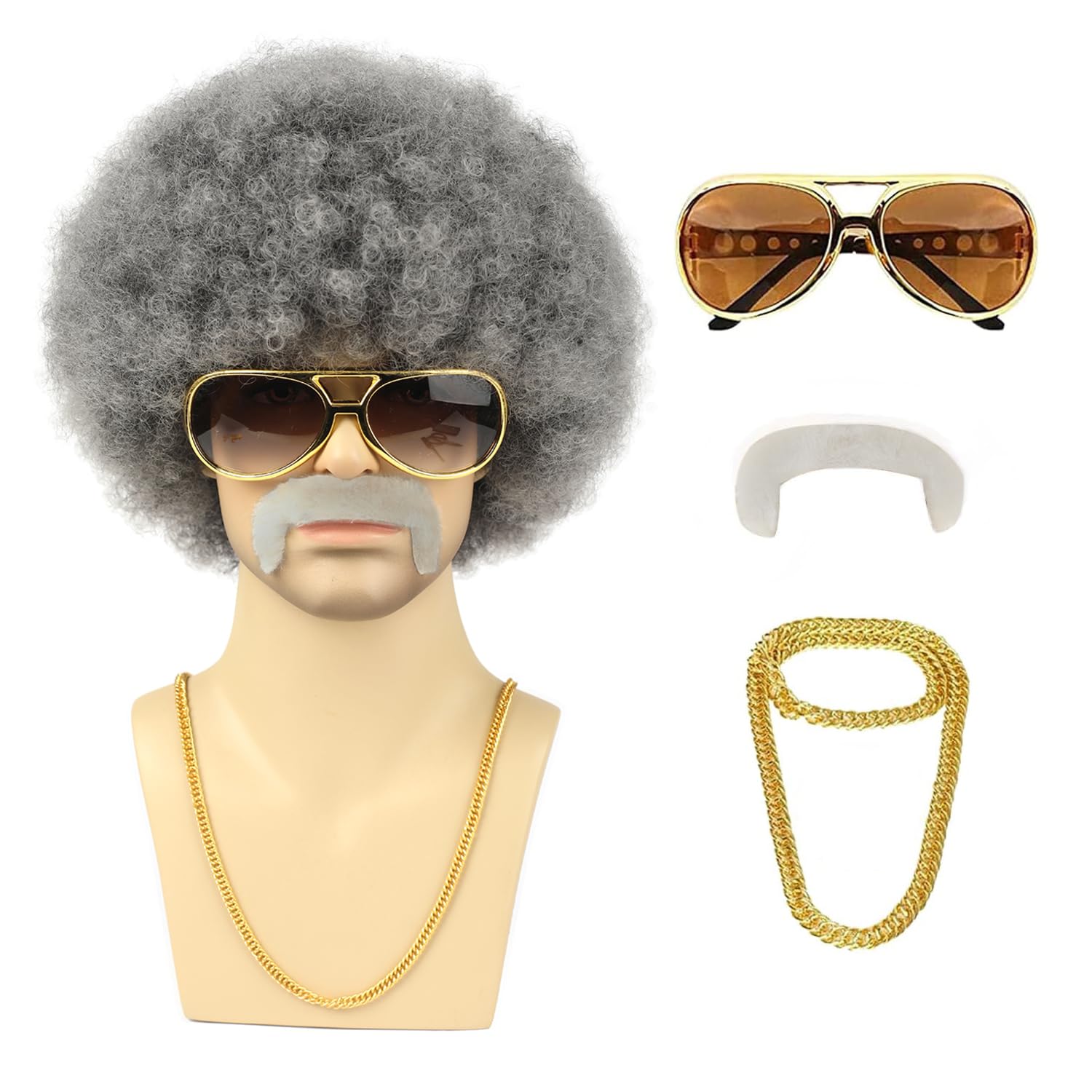 TUOFLY Grey Afro Wig for Men With Glasses Necklace Mustache and Wig Cap 70s 80s Natural Fluffy Afro Disco Costumes Wig Curly Synthetic Hair Wig for