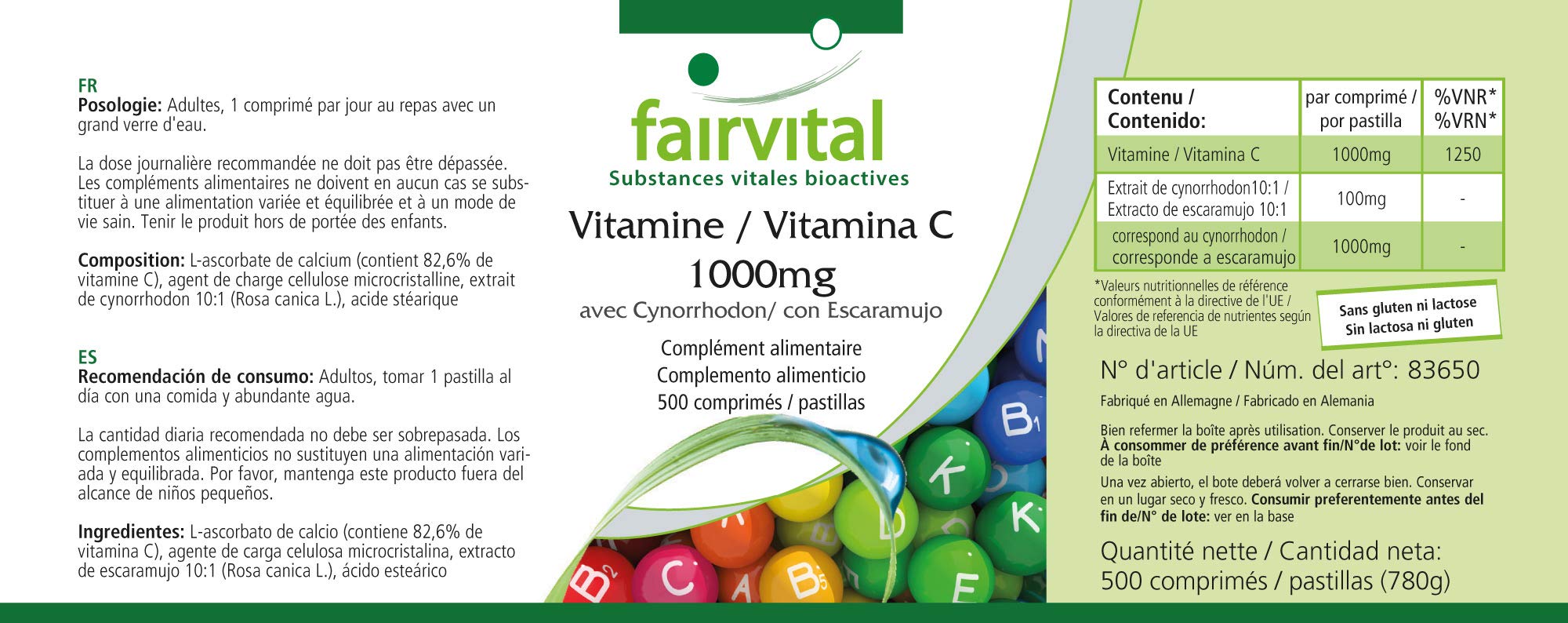 fairvital Vitamine C 1000mg, 500 comprimés, hautement dosée et à base de cynorrhodon, VÉGÉTALIENNE, facile à avaler et douce pour l'estomac, GRAND FORMAT