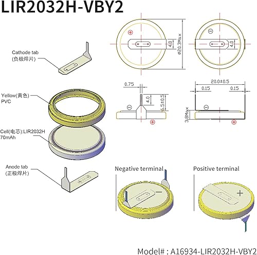 Miniatura 3 de EEMB 5 unids LIR2032H batería recargable 70mah 3.7 V batería de iones de litio pilas de botón de monedas con pestañas de soldadura