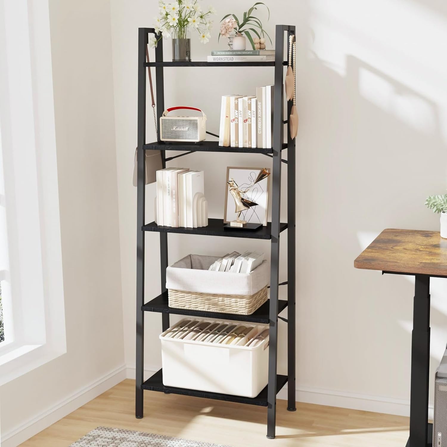 Ladder Shelf, Bookshelf Bookcase, Freestanding Corner Storage Shelve with 2 Hooks for Home Office, Living Room, Kitchen, Bedroom, Industrial, 5-Tier Black BC19304B