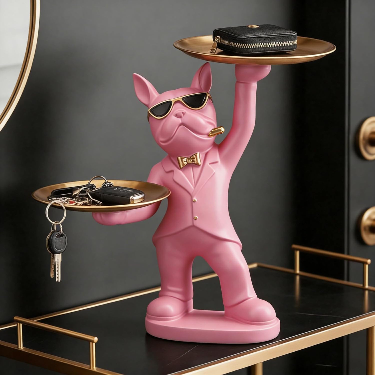 Huhote Candy Dish French Bulldog Decor Tray Statue, Key Holder Bowl Modern, French Bulldog Accessories Candy Bowl for Office Desk Home Decor Figurines Entryway Table Decor (Pink)