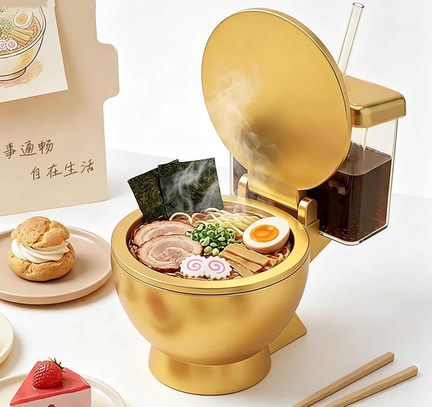 WC-Ramenschüssel, Keramik-Nudelschüssel-Set mit integriertem Becher und Strohhalm, wiederverwendbare Suppenschüssel für Instant-Nudeln, Snacks und lustige Küche, Gold, 2 Stück