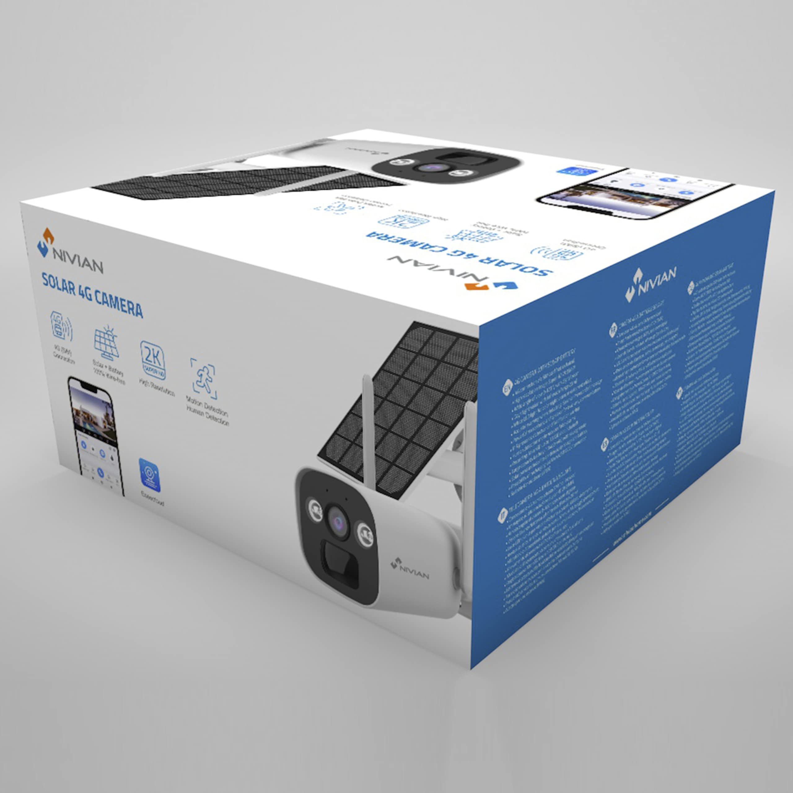 NIVIAN-Cámara vigilancia Bullet 4G(SIM)+Panel Solar 5W-Batería Larga duración 10400mAh-2K-Detección de Movimiento y Humanos-Apta Exterior-Visión Nocturna+Leds-Audio bidireccional-App EseeCloud
