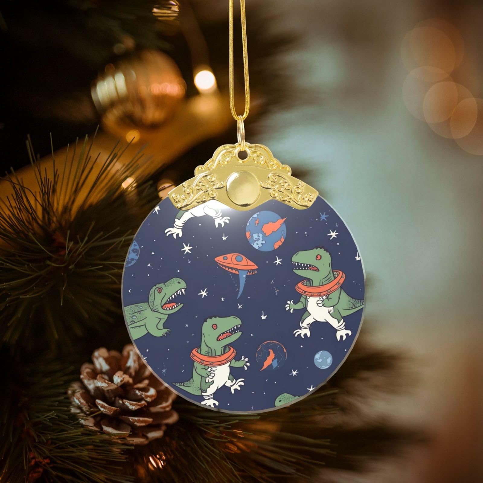 Crystal Christmas Ornaments for Christmas Tree Decoration Hanging Funny Astronaut Dinosaur Rocket Ornament with Gold Ribbon Crafts Round Pendant for Keepsake Gifts Glass Xmas Decor Party Supplies