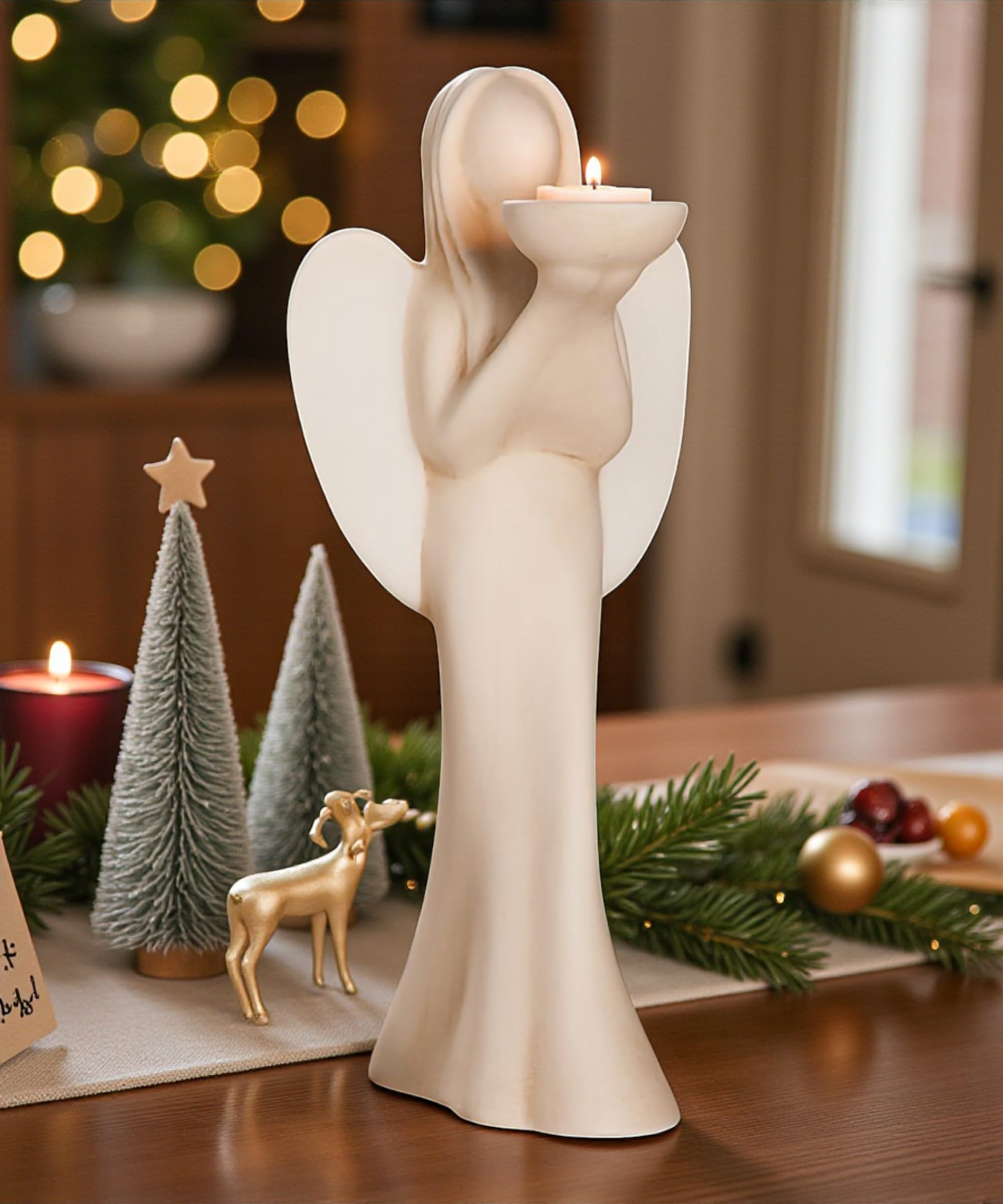 GILDE Deko Figur Engel Luciane Teelichthalter aus Keramik – Engelleuchter für Teelicht – Dekoration Tischdeko Geschenk – Farbe: Creme/Weiss Höhe 36,5 cm