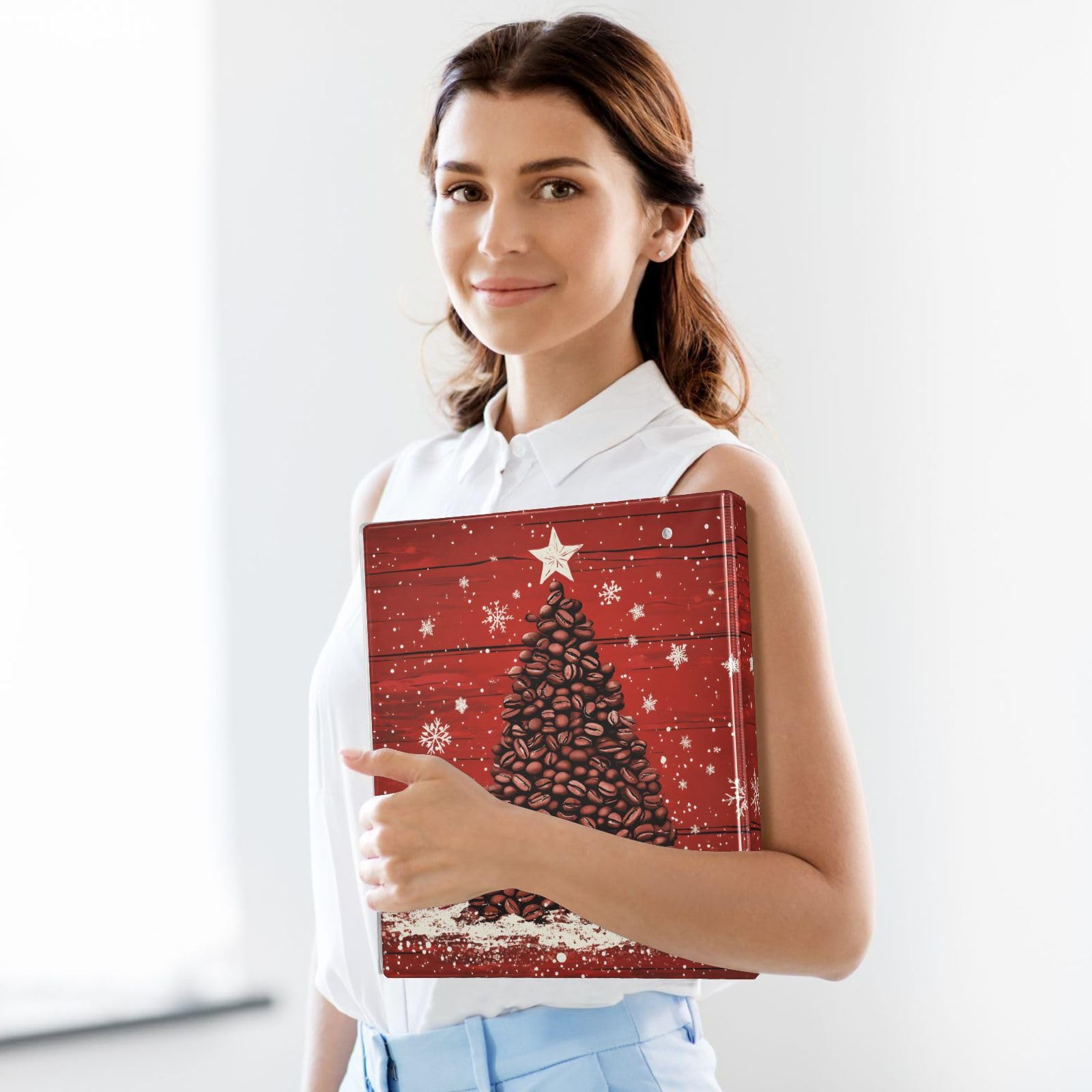 Confezione da 2 raccoglitori a 3 anelli, motivo albero di Natale, chicchi di caffè, 3,8 cm, con 3 tasche trasparenti, portablocco e contiene 200 fogli, per ufficio, scuola, organizzazione