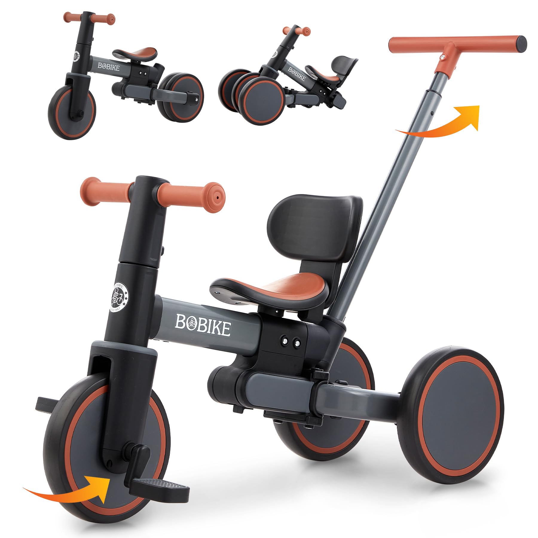 Bobike 5-in-1 Tricycle for Toddlers 18 Months to 5 Years Old, Toddler Bike, Kids Tricycle with Push Handle and Backrest, Toddler Balance Bike with Easy Assembly for Boys and Girls. (Grey)