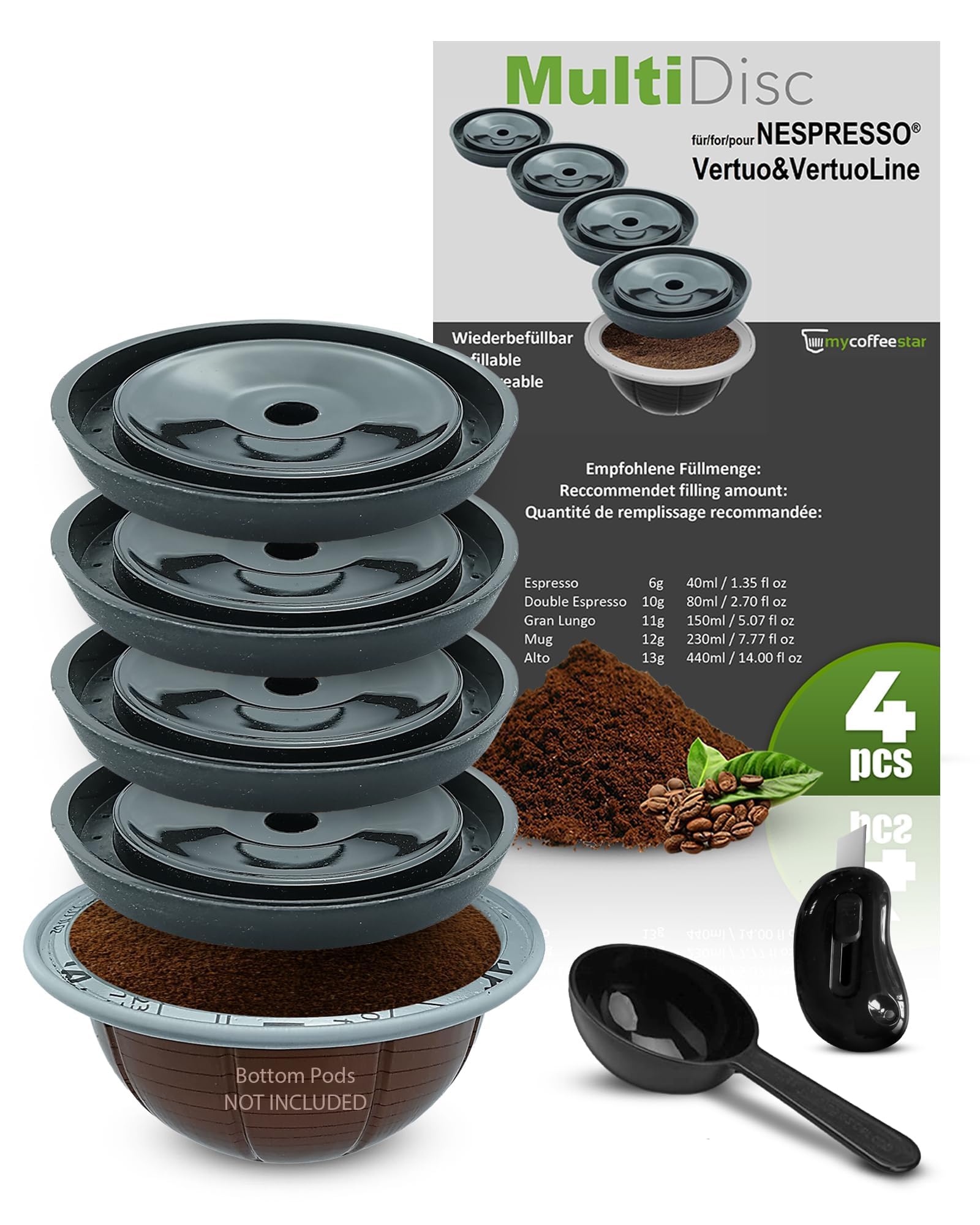 Reusable Nespresso Pods Vertuo - Refillable Capsules Compatible with VertuoLine Machines, Scoop & Cutter for All Capsule Sizes, Green & Cost-Saving Coffee Solution - 4 Pods, Lids