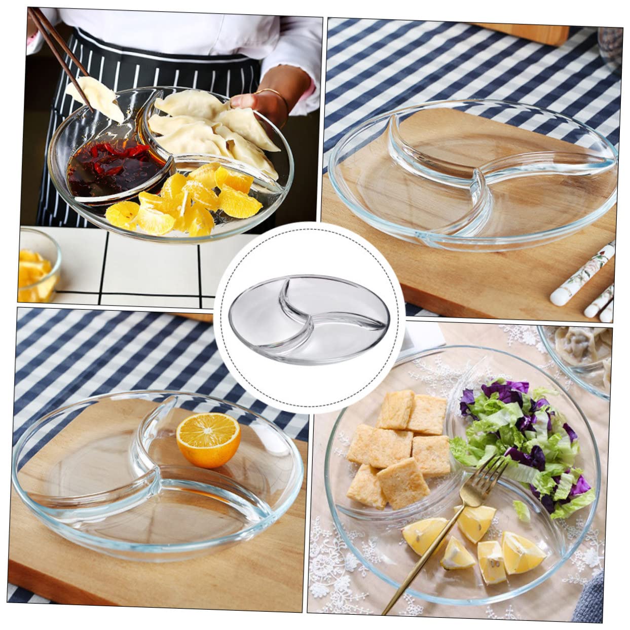 Assiette Compartimentée en Verre Trempé Transparent à 3 Compartiments, Plateau de Service Pratique Cuisine et Hôtels