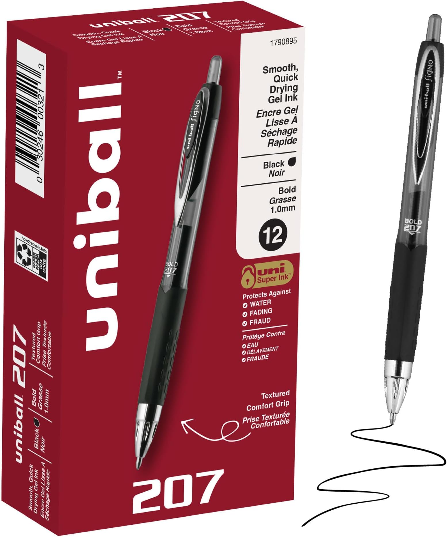 uni-ball 207 Retractable Gel Pens Bold Point, 1mm, Black, 12 Pack