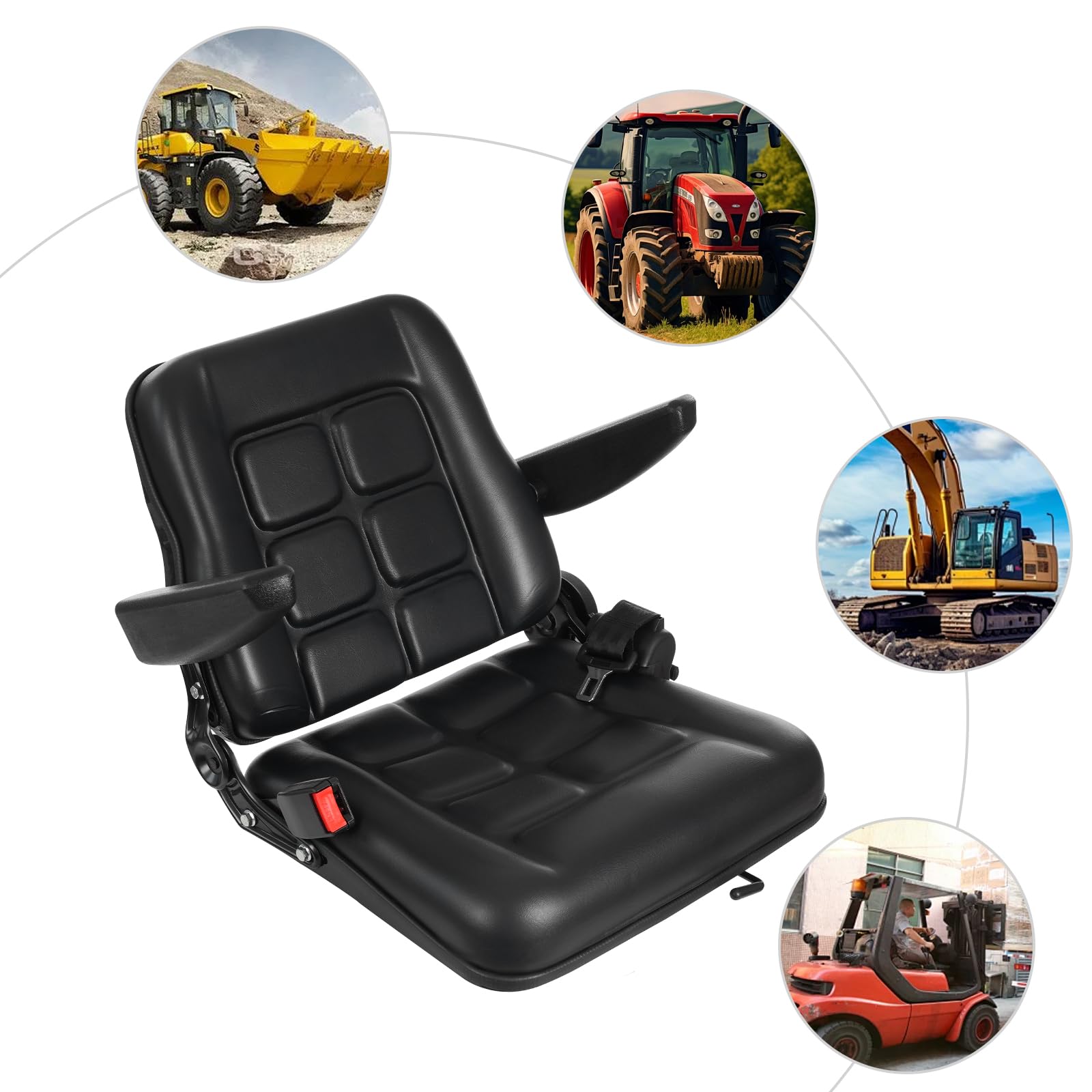 Seggiolino per tosaerba, universale per carrello elevatore, sedile per trattore con schienale regolabile 35-180° e braccioli 0-90°, cintura di sicurezza, per escavatore, skidloader, escavatore