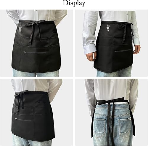 Miniatura 5 de AEKTBY Delantales negros con 6 bolsillos, delantal de cintura para camarera unisex, peluquero, limpiador