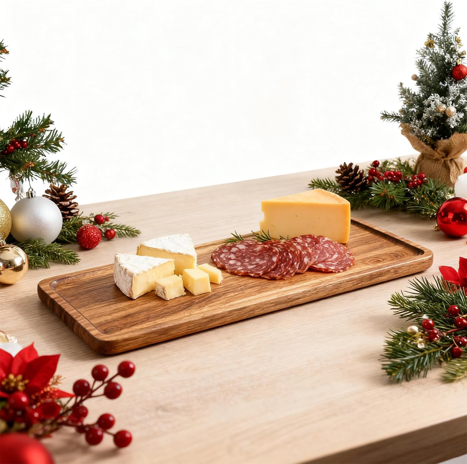 Solid Acacia Wood Serving Trays - 14" x 5.5" Rectangular Wooden Platters for Food, Charcuterie Boards, Cheese, and Appetizers - Perfect for Home Decor, Parties