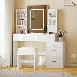GAOMON Vanity Desk with Light, Makeup Vanity Set with 6 Drawers and Shelves, White Vanity with Charging Station, Vanity with Stool & 3 Lighting Color Adjustable