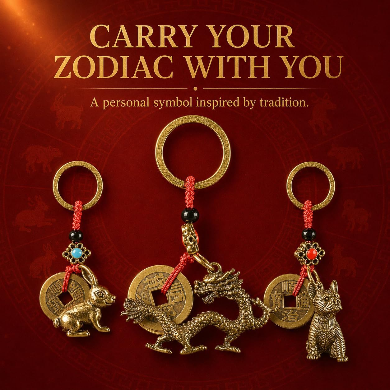 Chinese Zodiac Keychain, Red String Five Emperor Coins Animal Charm Lucky Feng Shui Key Ring New Year Gift image 4