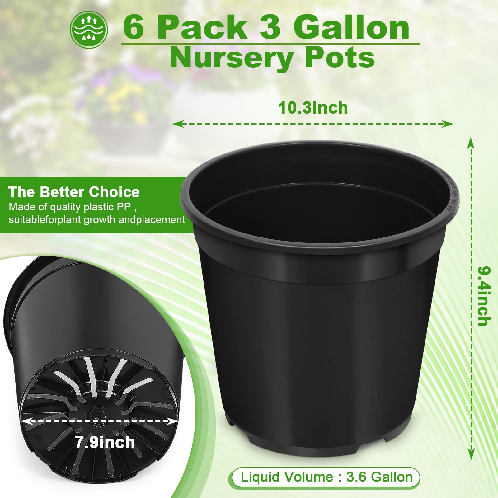 6 macetas de plástico de 3 galones para Plantas, 1, 2, 3, 5, 7 galones con Agujeros de Drenaje, macetas para semilleros para guardería, jardín, Flores, suculentas al Aire Libre e Interior