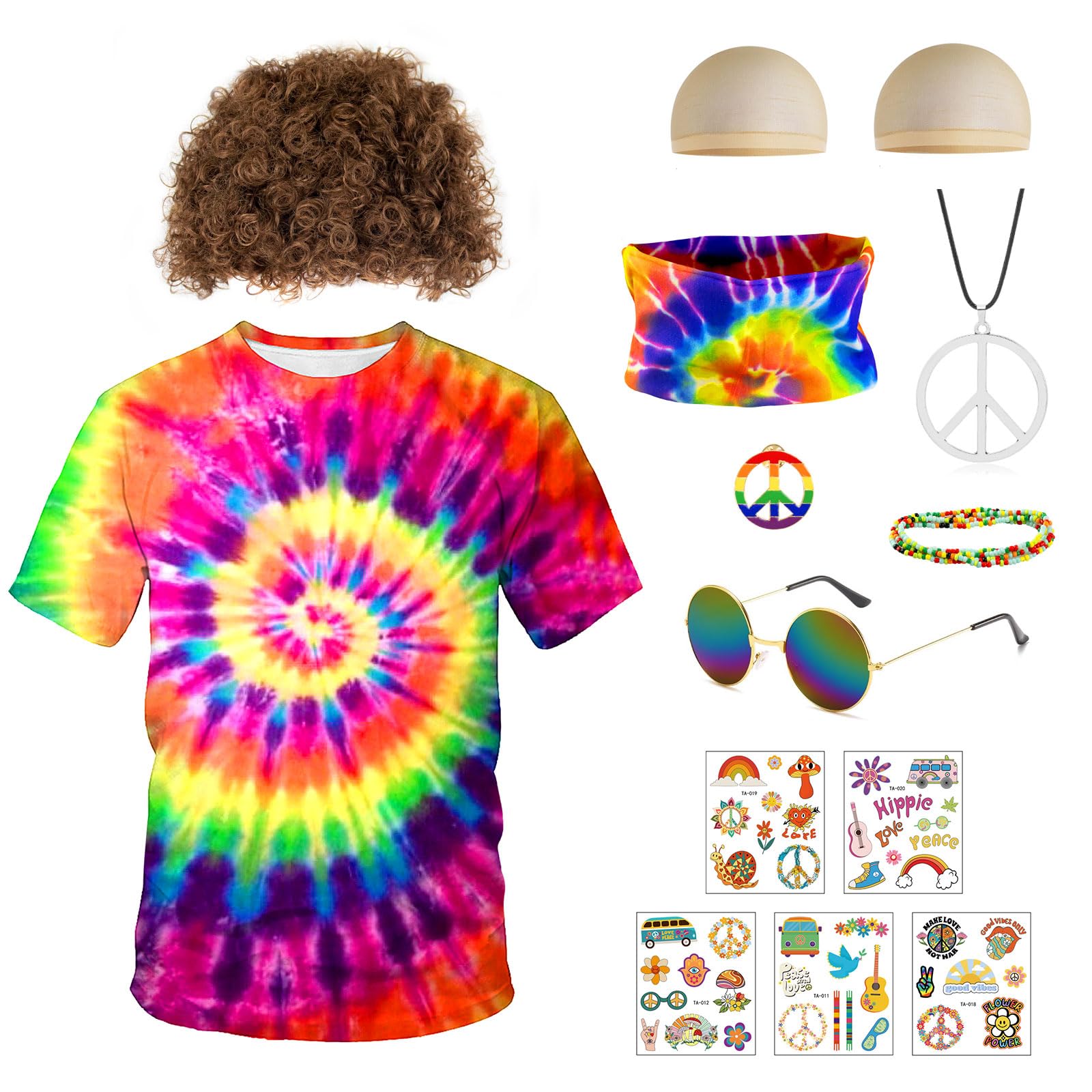 Disfraz hippie para hombre y mujer, juego de disfraz hippie, disfraz de los años 60 y 70, disfraz hippie, disfraz hippie, camiseta, gafas, paz, collar, diadema, carnaval, cosplay, fiesta