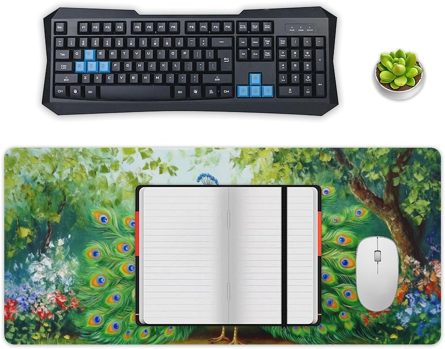 Desk Pad Mat Large Mousepad Peacock Animal Bird Elegant Green Nature Flower Painting Large Mouse Pad for Desk Pad Mat for Keyboard and Mouse Pad Office Supplies for Desk 40x90cm