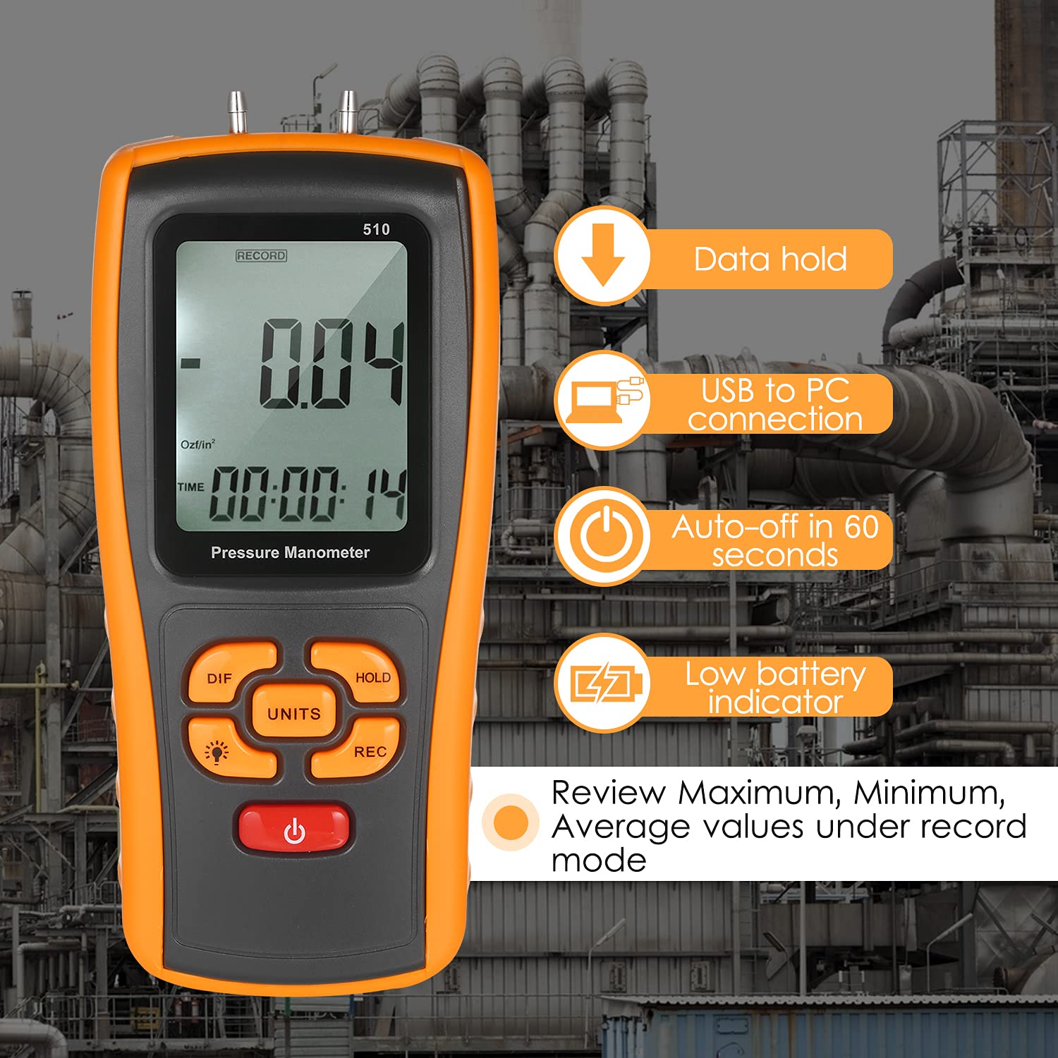 Manómetro digital de precisión ± 10 kPa, medidor de presión diferencial, micromanómetro para válvulas de gas, interruptores de presión, sistema HVAC al vacío, horno, caldera, calentador de agua, aire