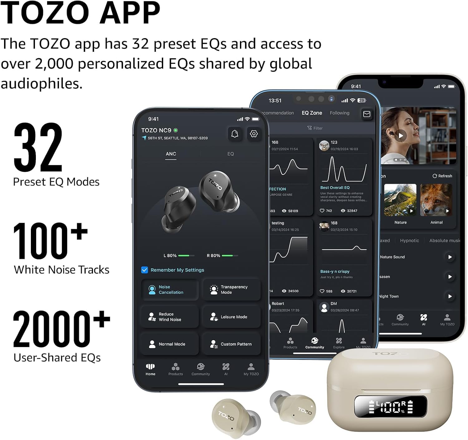 TOZO NC9 Hybrid Active Noise Cancelling Wireless Earbuds, 60H, LED Display view 5