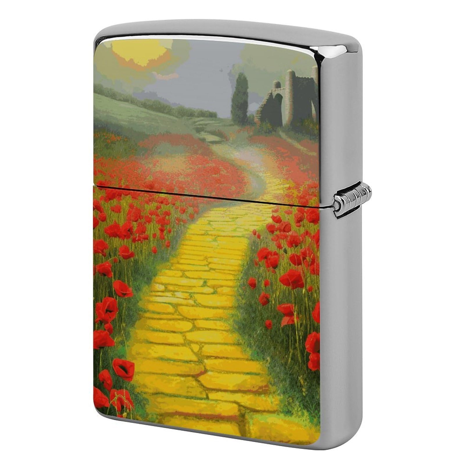 Poppies Field Yellow Brick Road Lighter Case Vintage Metal Lighter Cover Reusable Lighter Protective Sleeve Unique Design Personalized Lighter Sleeve Holder Against Dust and Scratches