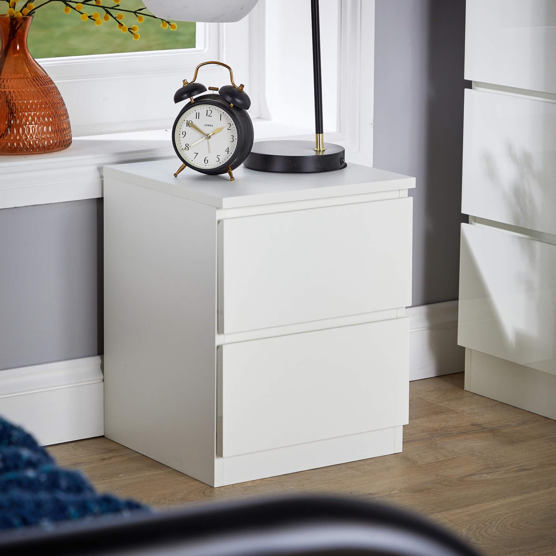 Home Source Bedside Nightstand, High Gloss Finish Bedroom Cabinet, Side Chest Lamp Table, 2 Drawer, White