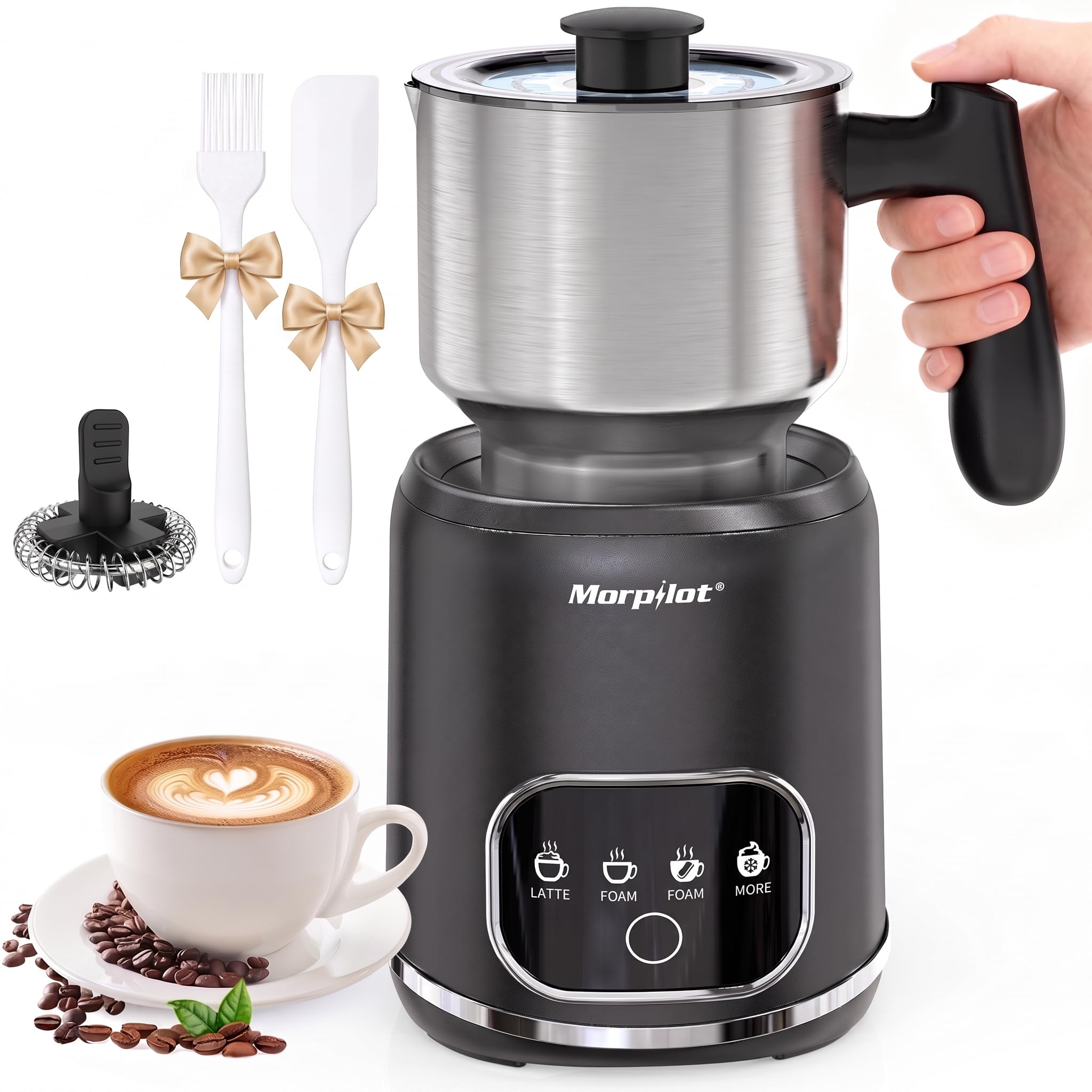 Morpilot Mousseur à Lait Électrique 4-en-1, Grande Capacité 600ml, Mousse Chaude/Froide et Lait Chaud, Milk Frother en Acier Inox avec Design Détachable pour Cappuccino, Latte, Macchiato
