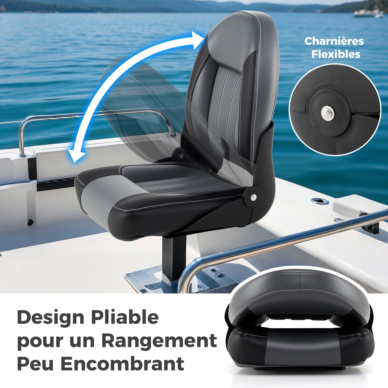 GOPLUS Lot de 2 Sièges de Bateau, Chaises de Bateau Pliantes avec Dossier Haut, Rembourrage en Éponge, Cuir PVC Imperméable, Boulons de Fixation, Sièges Rabattables de Capitaine pour Pêche,46x52x58CM