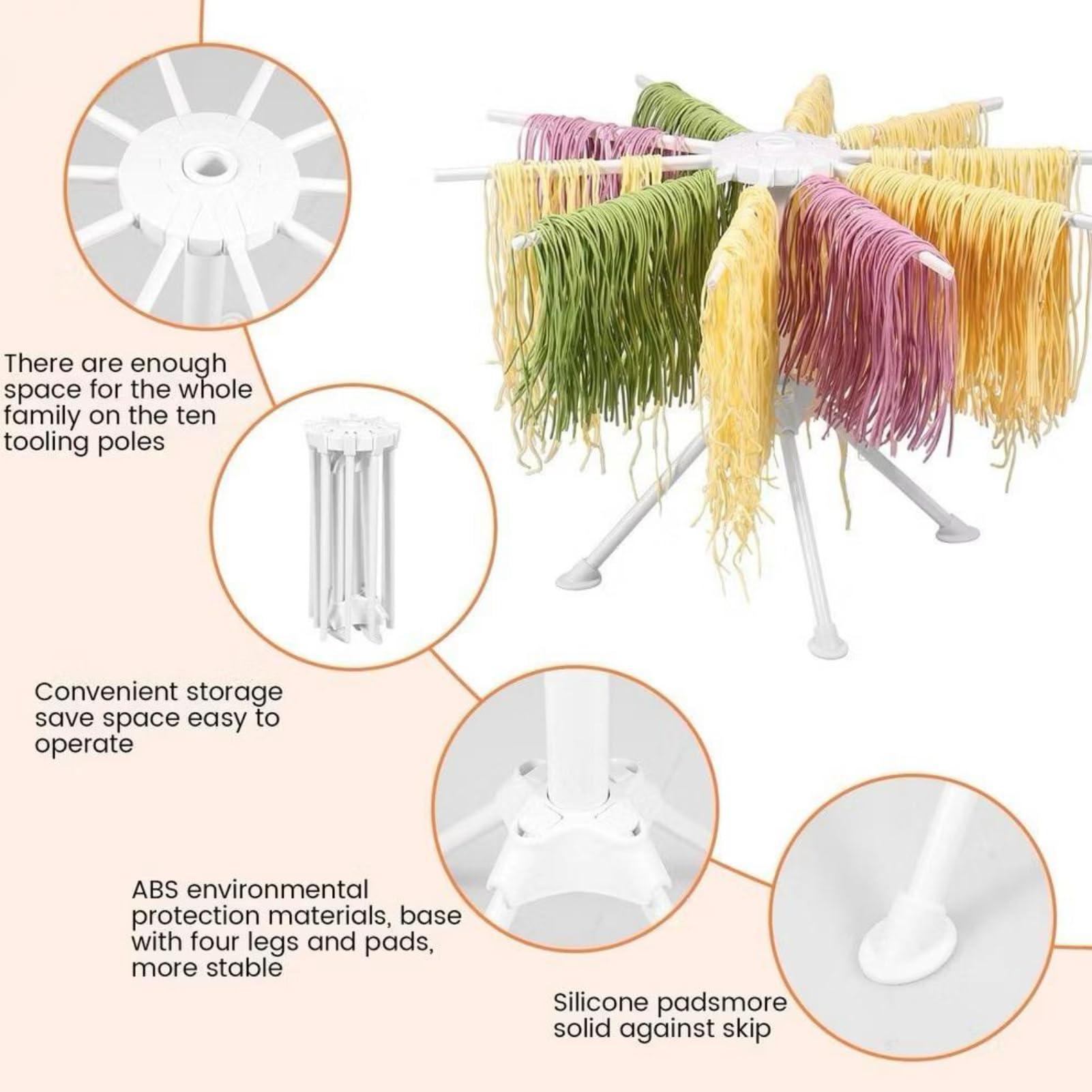 Séchoir à pâtes avec 10 barres transversales extensibles, machine à pâtes électrique, convient pour sécher les pâtes pesant jusqu'à 2 kg, support pliable pour le séchage, machine à pâtes
