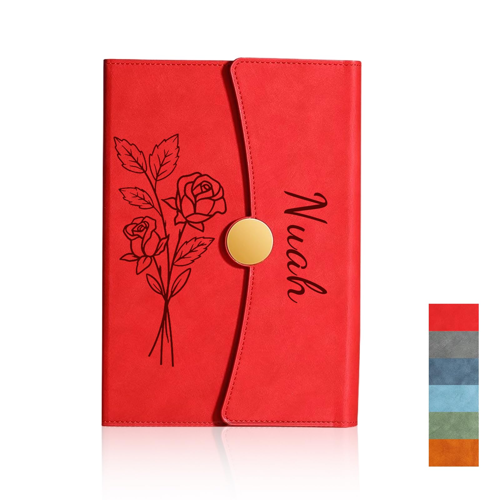 Personalized Notebook with Engraved Name & Birth Month Flowers, Premium Faux Leather Classic Journal for Birthday, Graduation, Christmas, 200 Numbered Pages, 15 x 21 cm (Red)