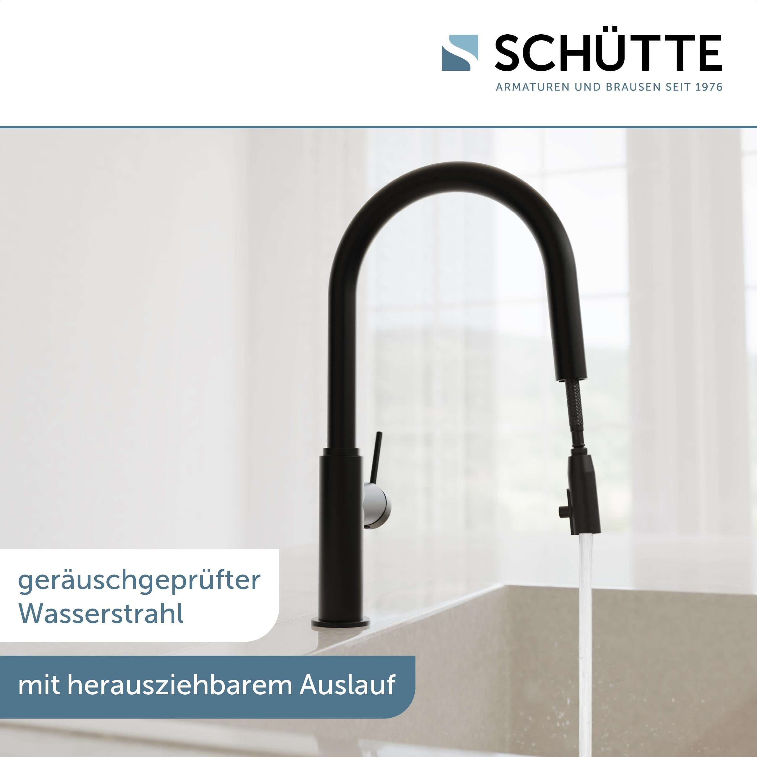 SCHÜTTE 79566 Blackpool Küchenarmatur mit ausziehbarer Geschirrbrause, 360 Grad Wasserhahn für die Küche, Mischbatterie mit Einhebelmischer, Spültischarmatur mit Brause ausziehbar in Schwarz
