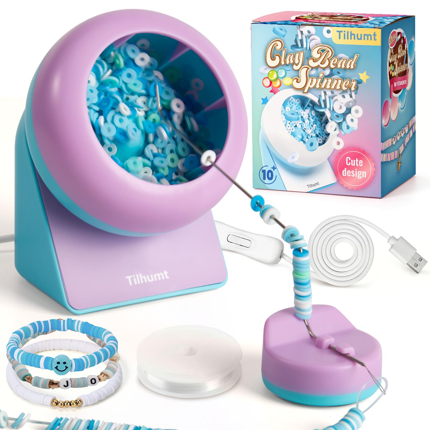 Tilhumt Clay Bead Spinner for Jewelry Making, Automatic Bead Spinner for Clay Beads with 2 Needles and 1 Thread, Electric Bead Loader for Bracelet, Necklace, DIY Craft (Patent Protection)