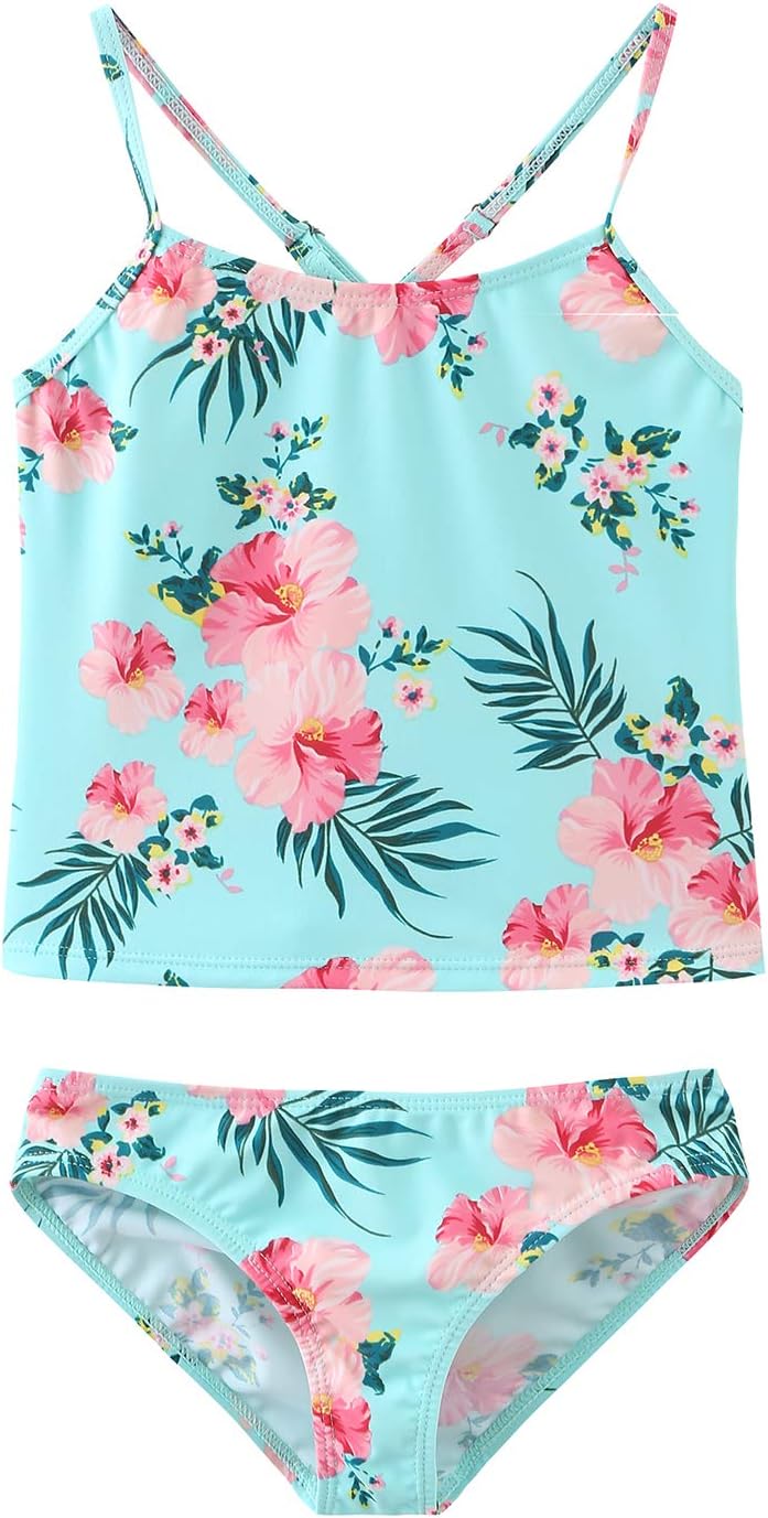 HowJoJo Girls Two Piece Tankini Swimsuit Green Floral Bathing Suit Swimwear - Image 3