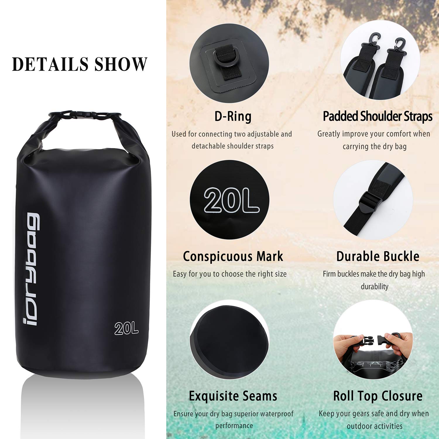 IDRYBAG Sacca Impermeabile per Kayak Impermeabili 2L/5L/10L/15L/20L/30L/40L, Sacchetto Impermeabile Piccolo che Galleggia, Sacca Impermeabile per Paddleboarding e Viaggi