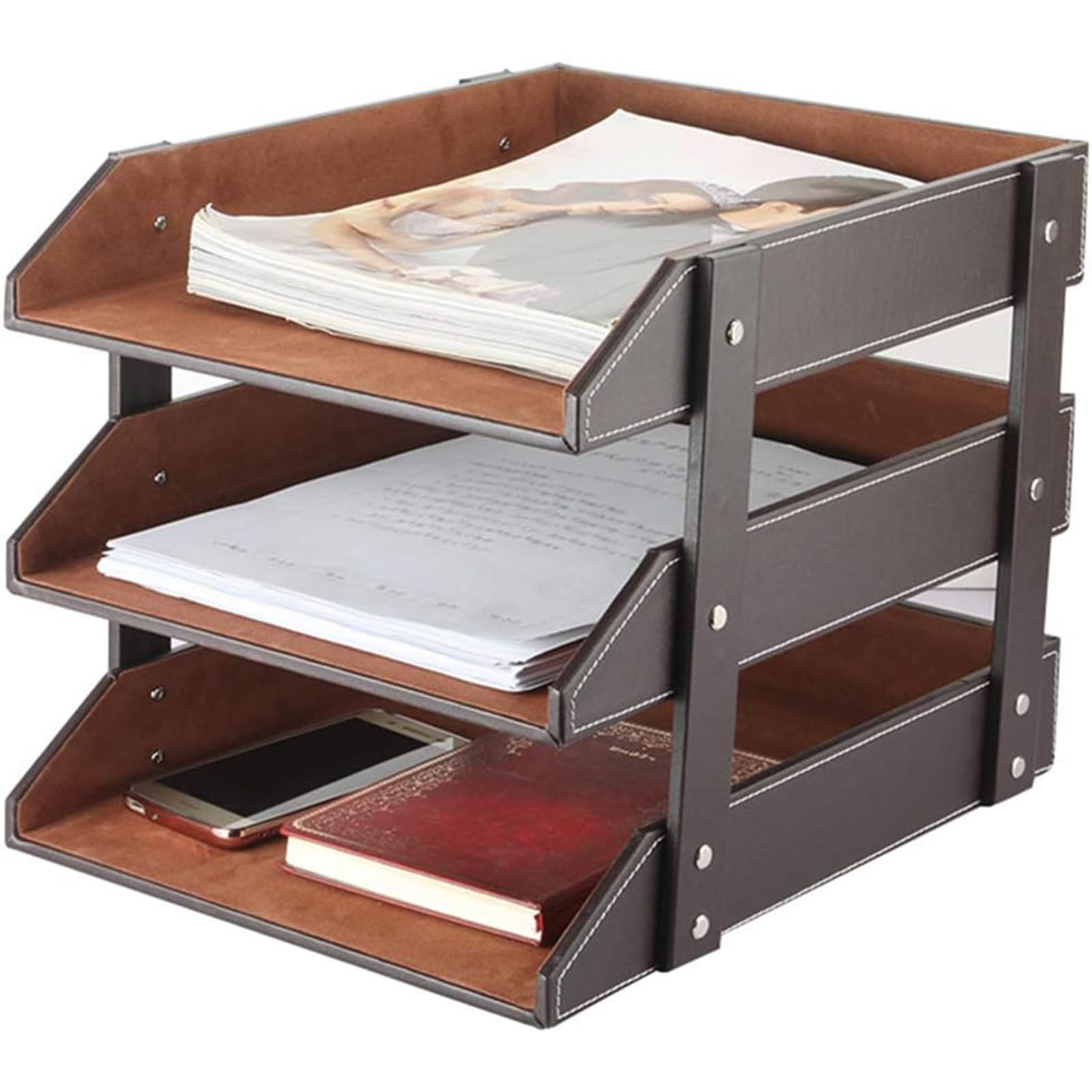 Organiseur de bureau en cuir empilable - Compartiment à documents pour dossiers, papeterie, magazines, courrier, maison, petits objets, organisateur de bureau (marron)