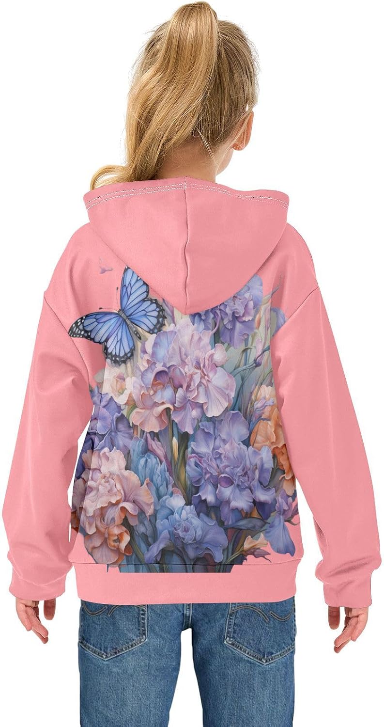 ALAZA butterfly Purple Flowers Hoodies Sweatshirt for Boys Girls Kids Hooded Pullover Top