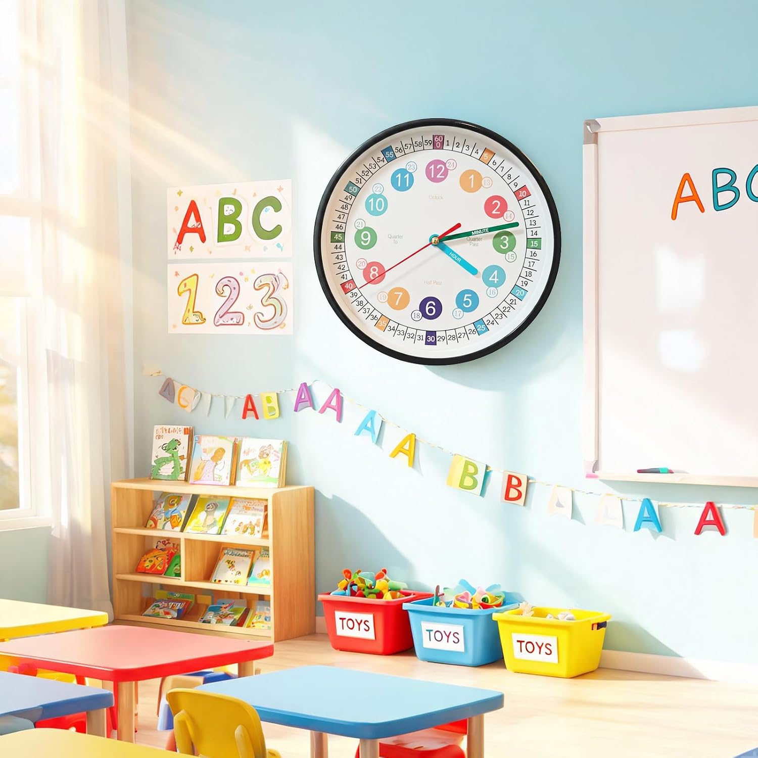 Learning Time 8 Inch Wall Clock for Kids,Non-Ticking Kids Colorful Clock,Silent Wall Clock Decorative for Kids Room ，School Classroom（Black，8 Inch）